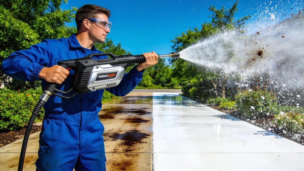 Pressure washing technician cleaning a concrete driveway, showcasing the effectiveness of professional driveway washing services