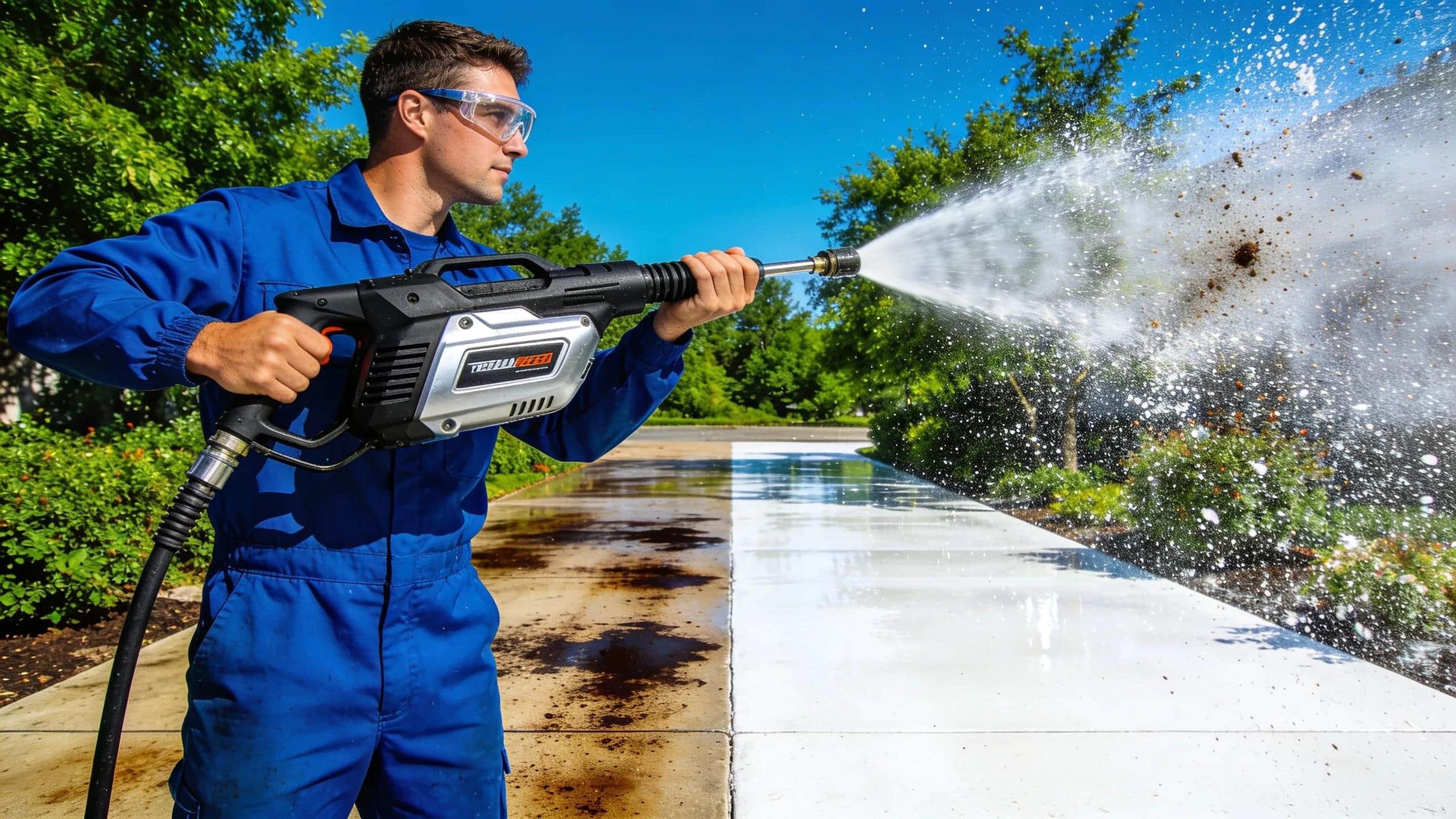 Pressure washing technician cleaning a concrete driveway, showcasing the effectiveness of professional driveway washing services&nbsp;| Envirowash