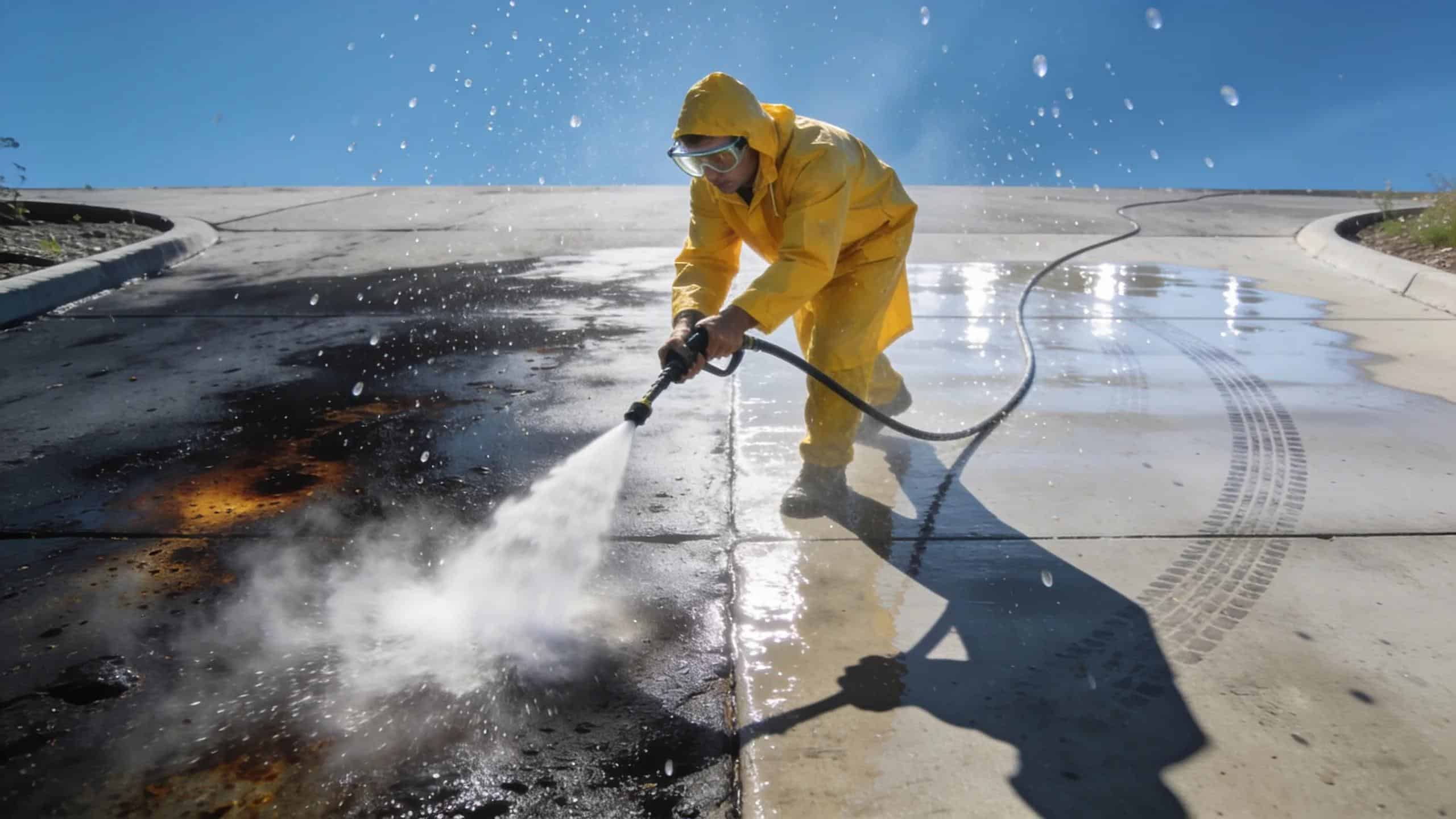 Professional pressure washing in action, effectively removing tough stains from a driveway surface | Envirowash