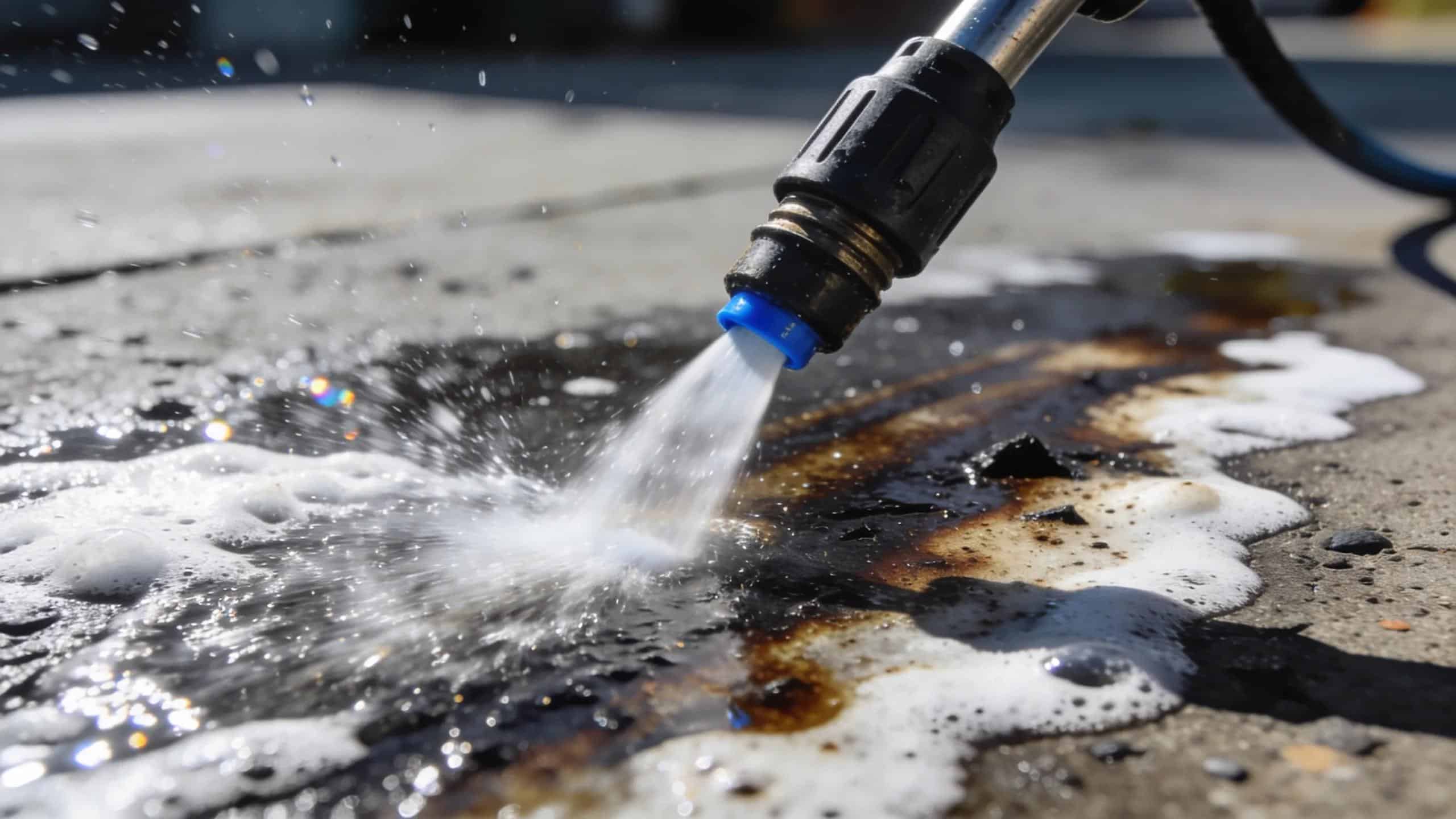 Close-up of driveway pressure washing nozzle cleaning oil stains from concrete driveway, highlighting effective washing techniques | Envirowash