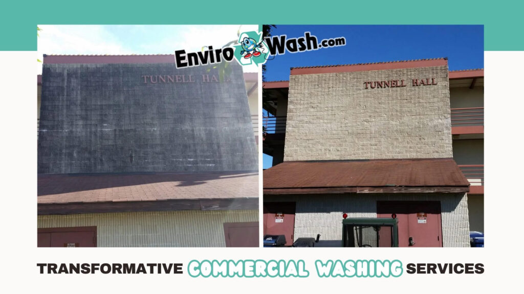 Before and after transformation of a building's exterior cleaning, labeled "TUNNEL HALL.