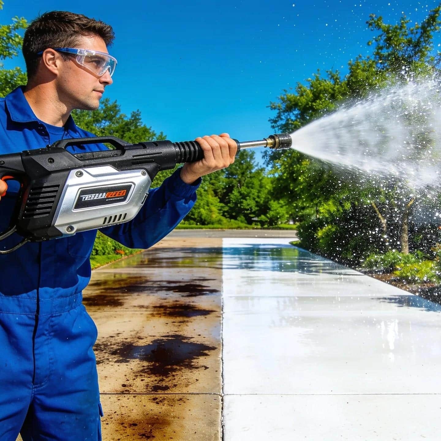 Pressure washing technician cleaning a concrete driveway, showcasing the effectiveness of professional driveway washing services