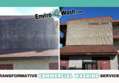 Before and after transformation of a building's exterior cleaning, labeled "TUNNEL HALL. | Envirowash