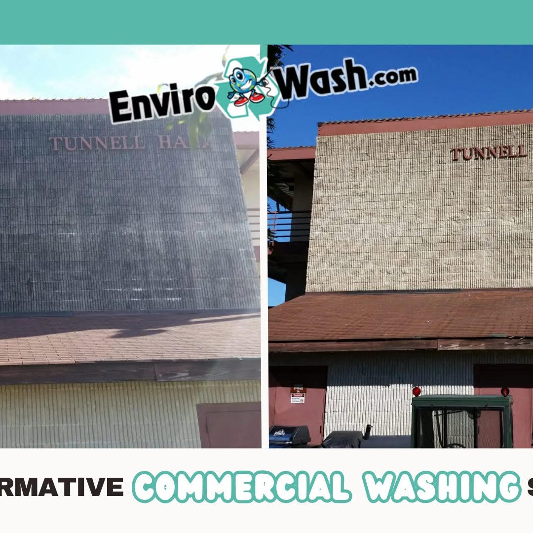 Before and after transformation of a building's exterior cleaning, labeled "TUNNEL HALL.
