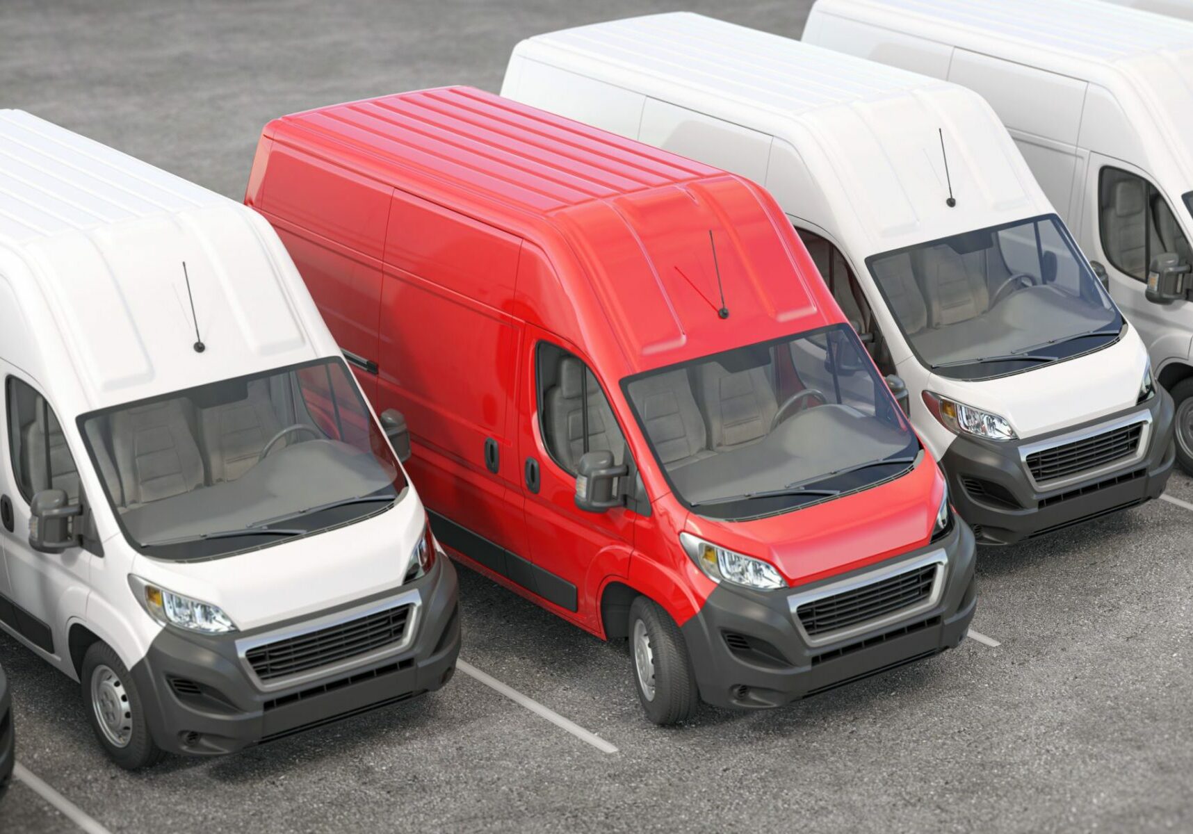 Red delivery van in a row of white vans. Best express delivery a Envirowash | Pressure Washing in Newport News & Yorktown VA